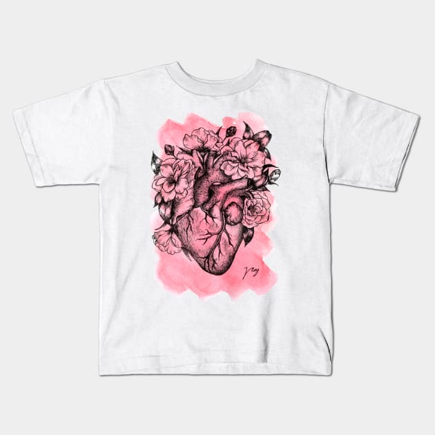 Foral Heart Watercolor Kids T-Shirt by Akbaly